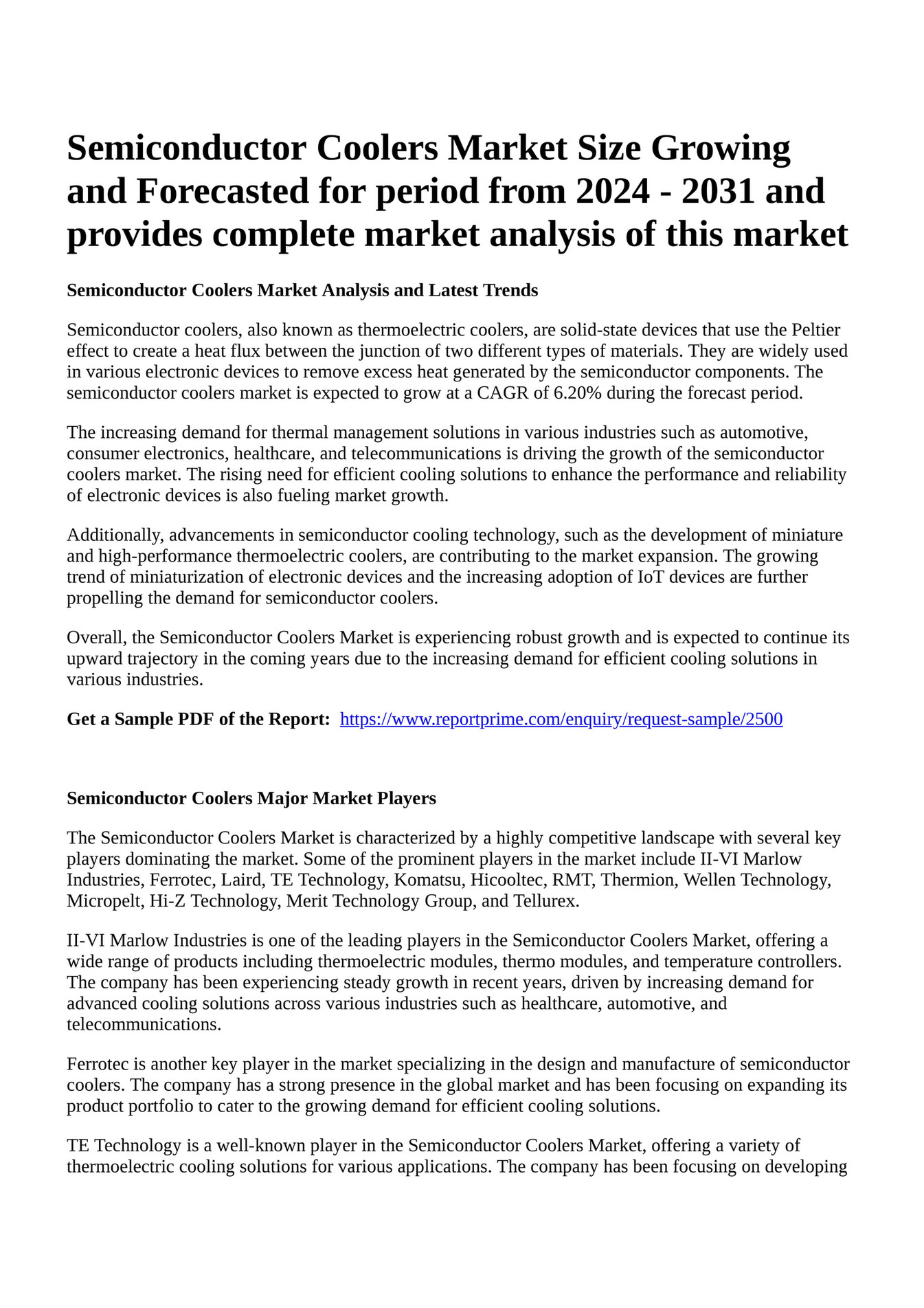 Reportprime Semiconductor Coolers Market Size Growing and Forecasted for period from 2024