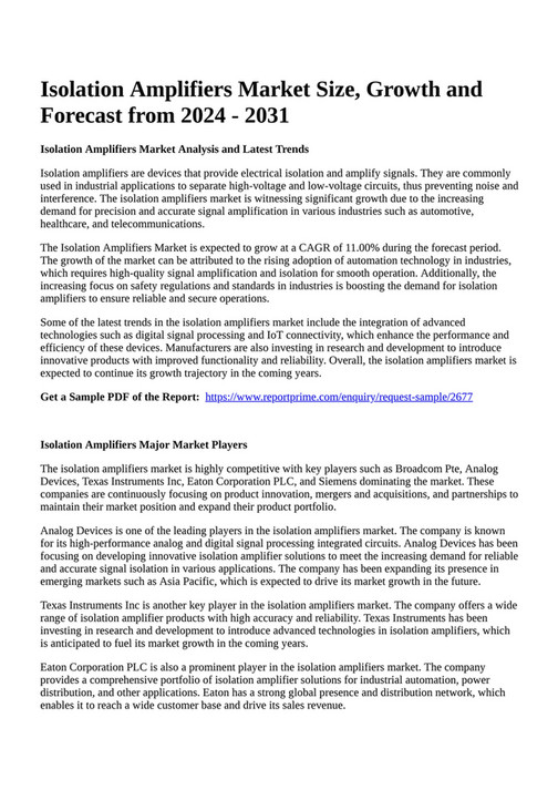 Reportprime Isolation Amplifiers Market Size, Growth and Forecast