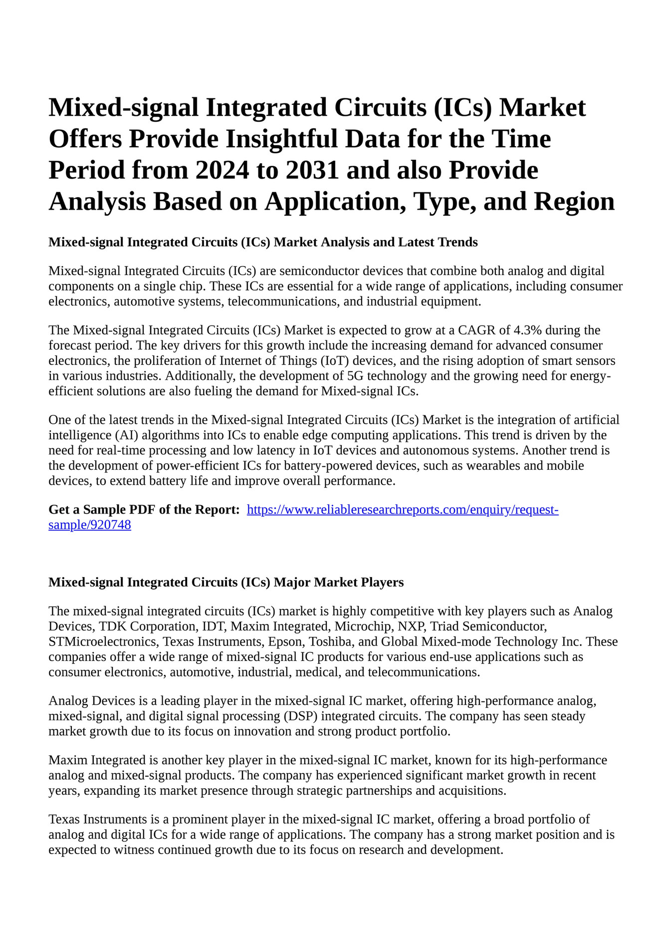Reportprime - Mixed-signal Integrated Circuits (ICs) Market Offers ...