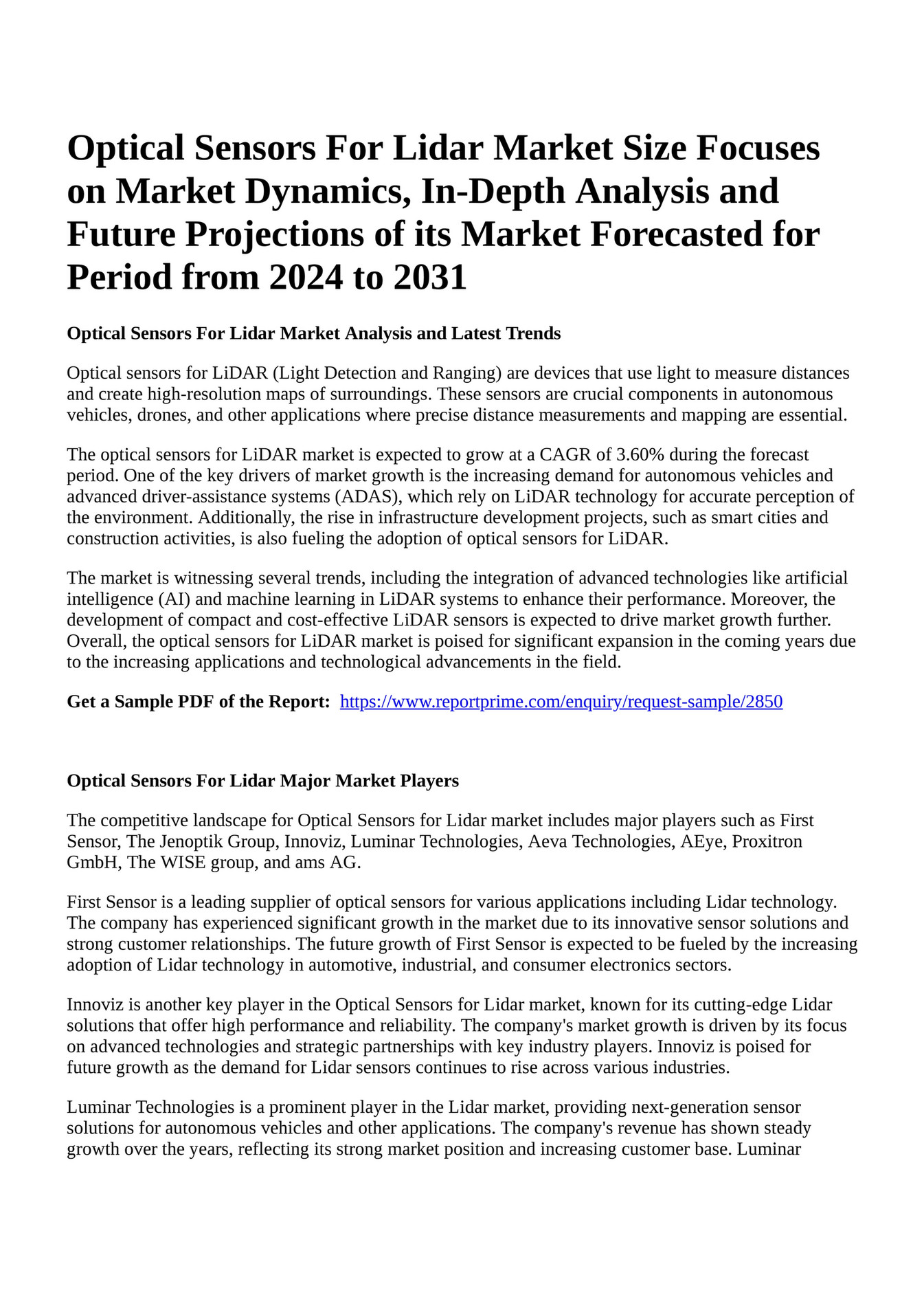 Reportprime - Optical Sensors For Lidar Market Size Focuses on Market ...