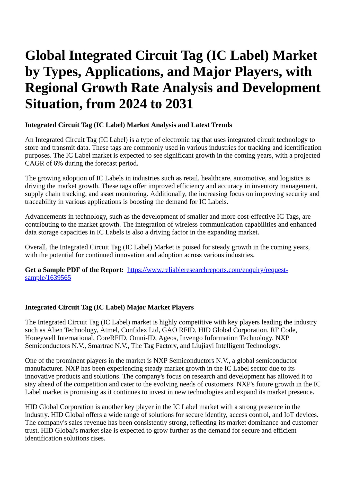 Reportprime - Global Integrated Circuit Tag (IC Label) Market by Types ...