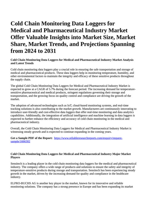 Reportprime Cold Chain Monitoring Data Loggers for Medical and Pharmaceutical Industry Market