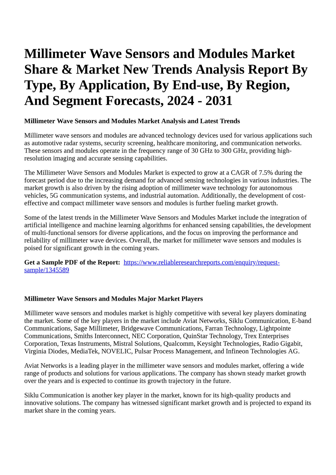 Reportprime - Millimeter Wave Sensors and Modules Market Share & Market ...
