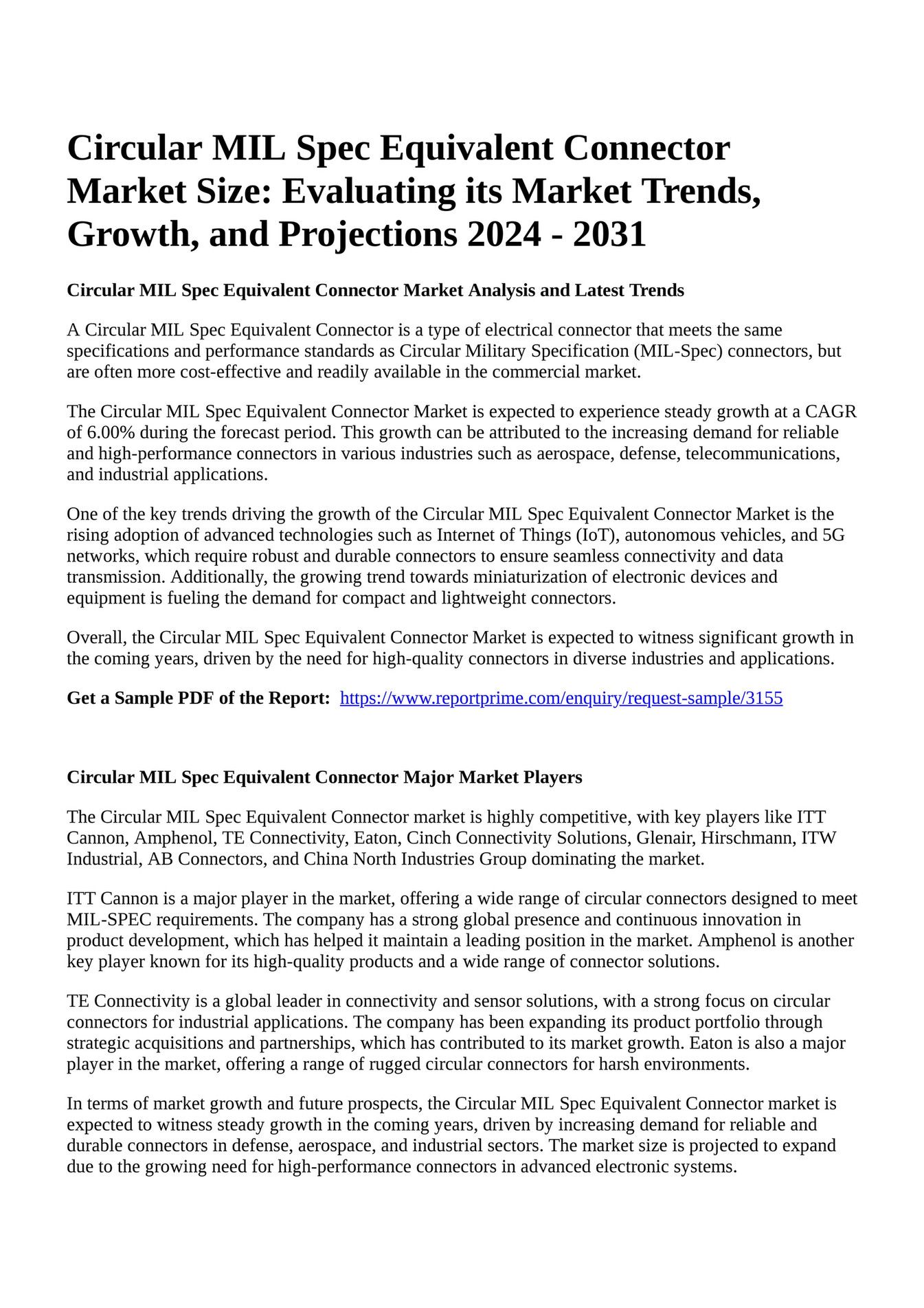 Reportprime Circular MIL Spec Equivalent Connector Market Size Evaluating its Market Trends