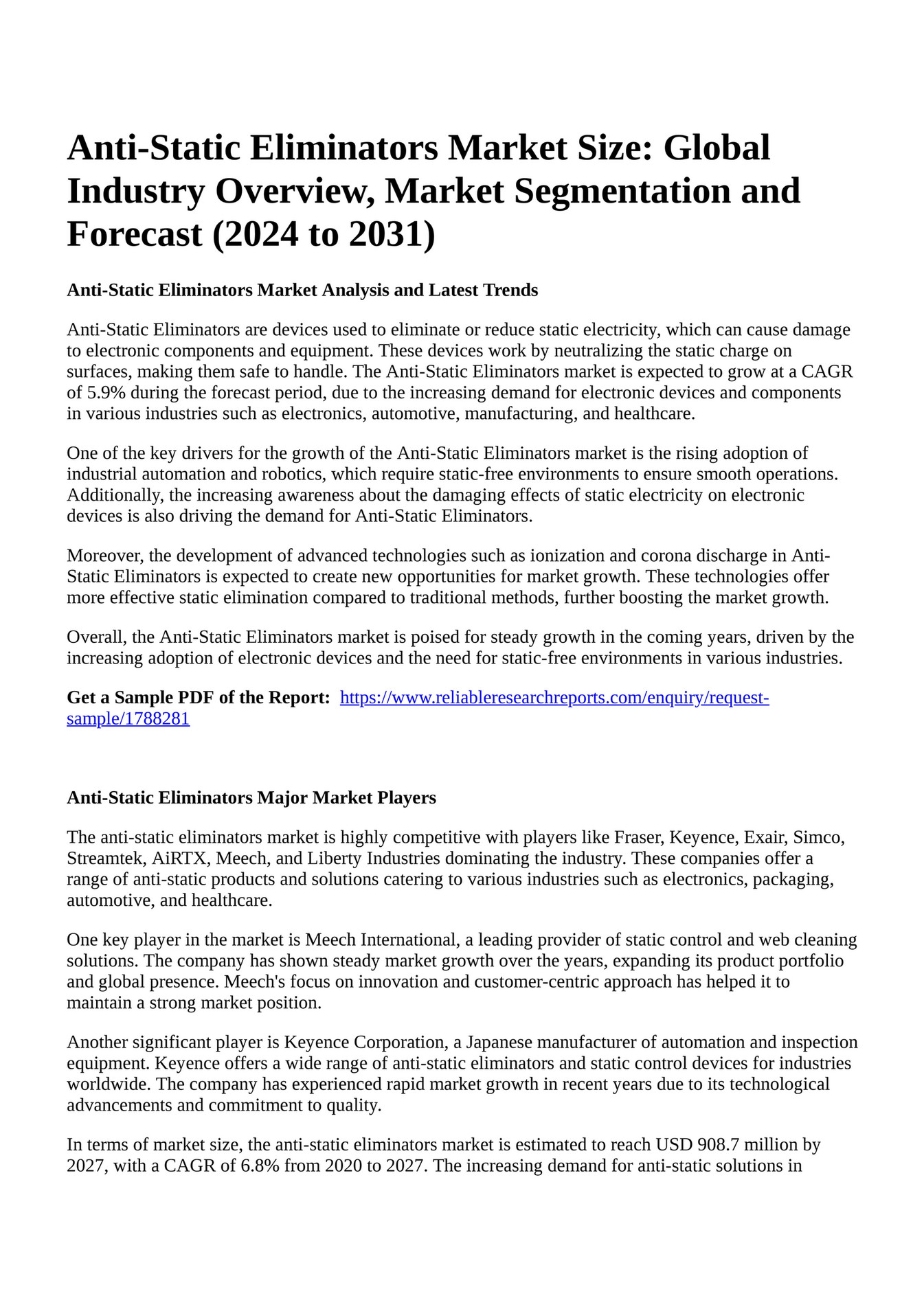 Reportprime anti static eliminators market size global industry