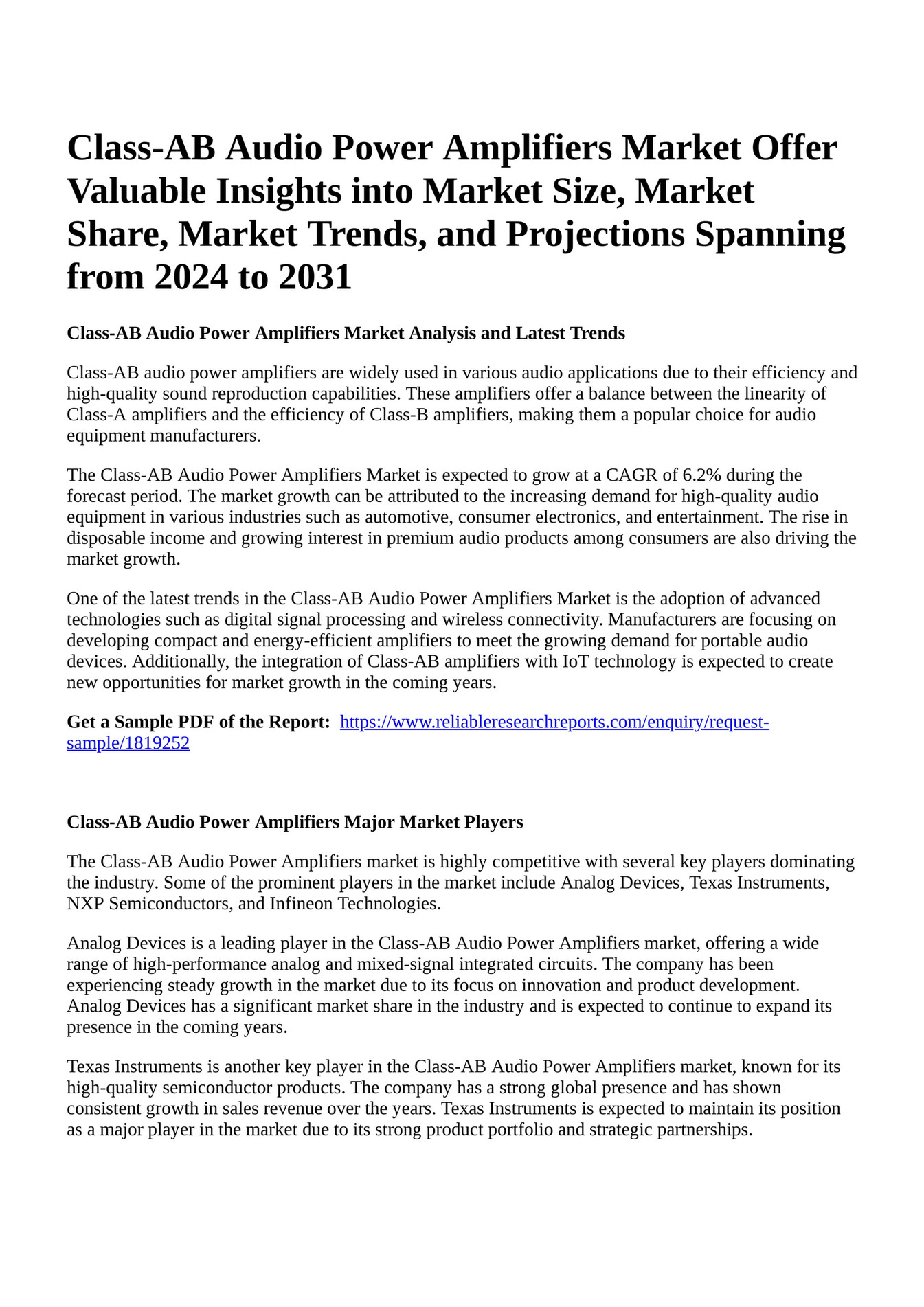 Reportprime ClassAB Audio Power Amplifiers Market Offer Valuable