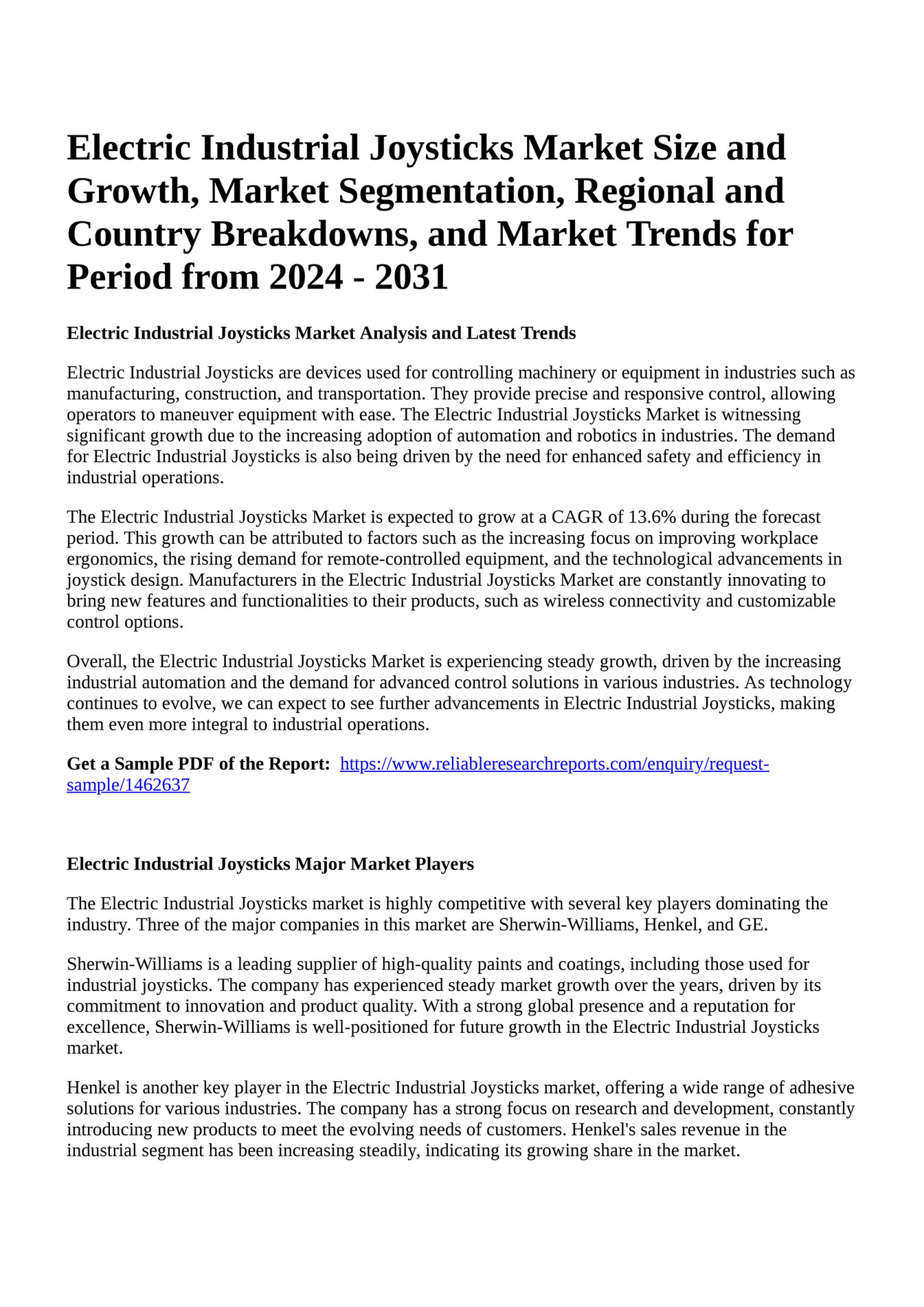 Reportprime Electric Industrial Joysticks Market Size and Growth