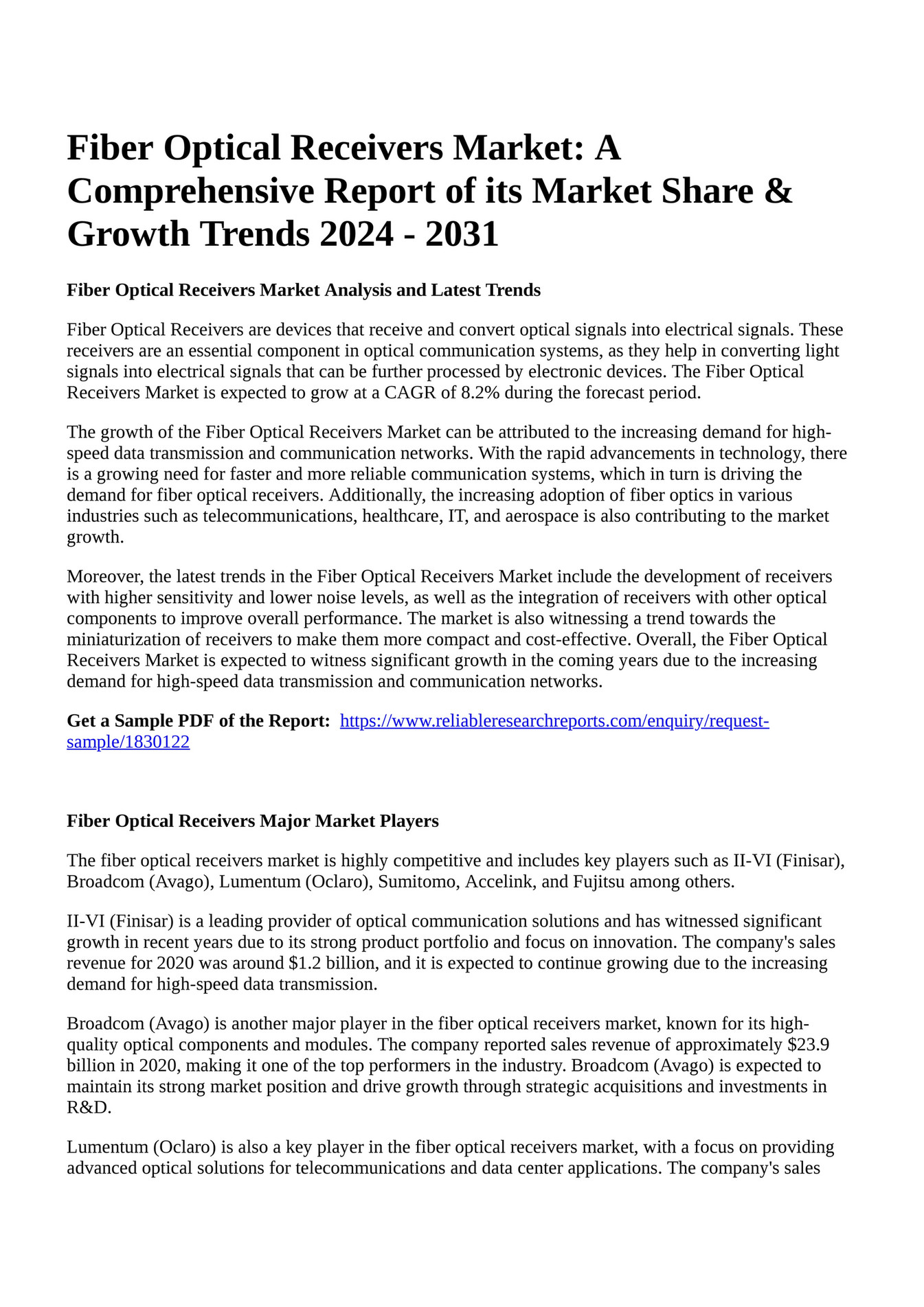 Reportprime Fiber Optical Receivers Market A Comprehensive Report Of