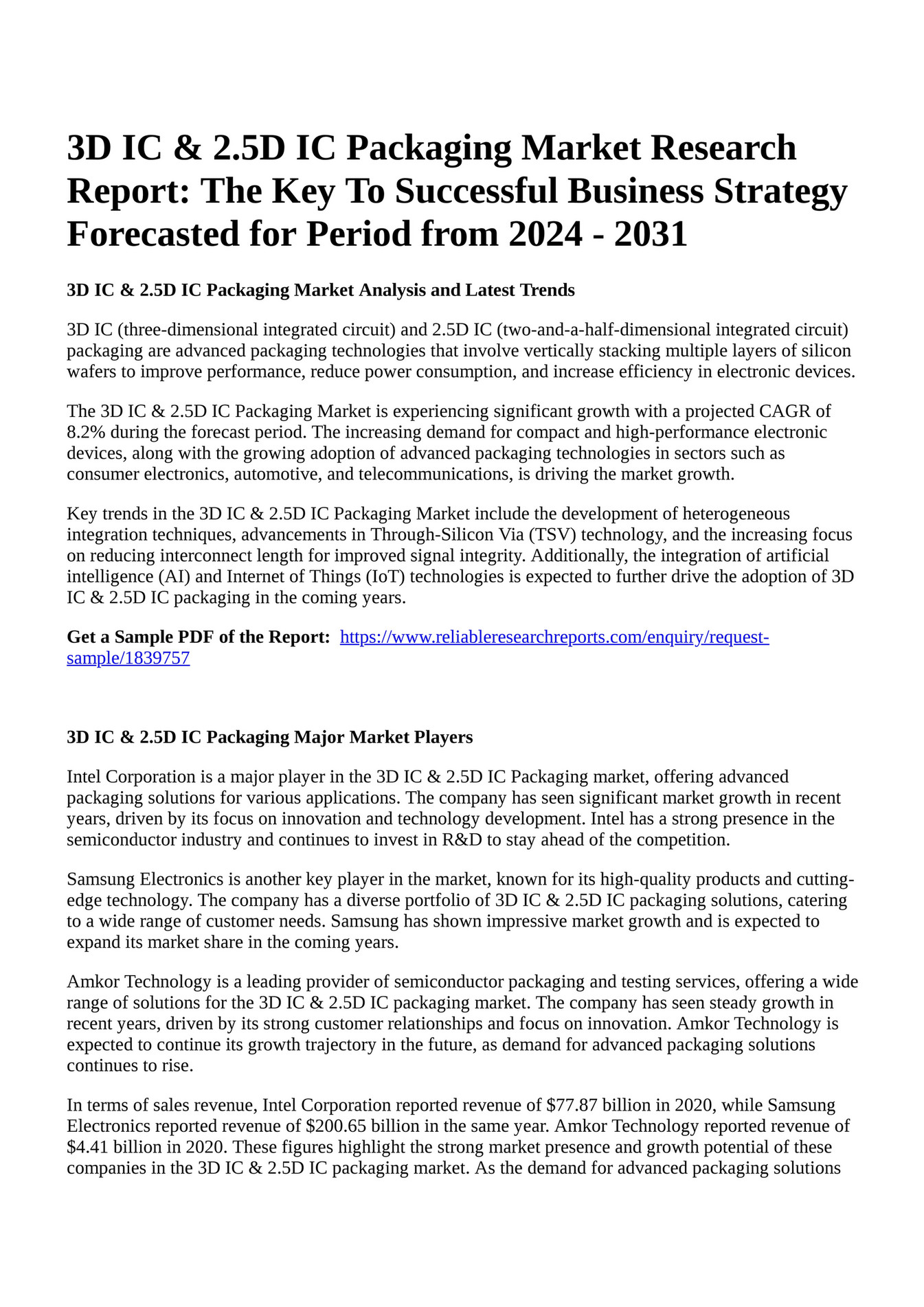 Reportprime - 3D IC & 2.5D IC Packaging Market Research Report: The Key ...