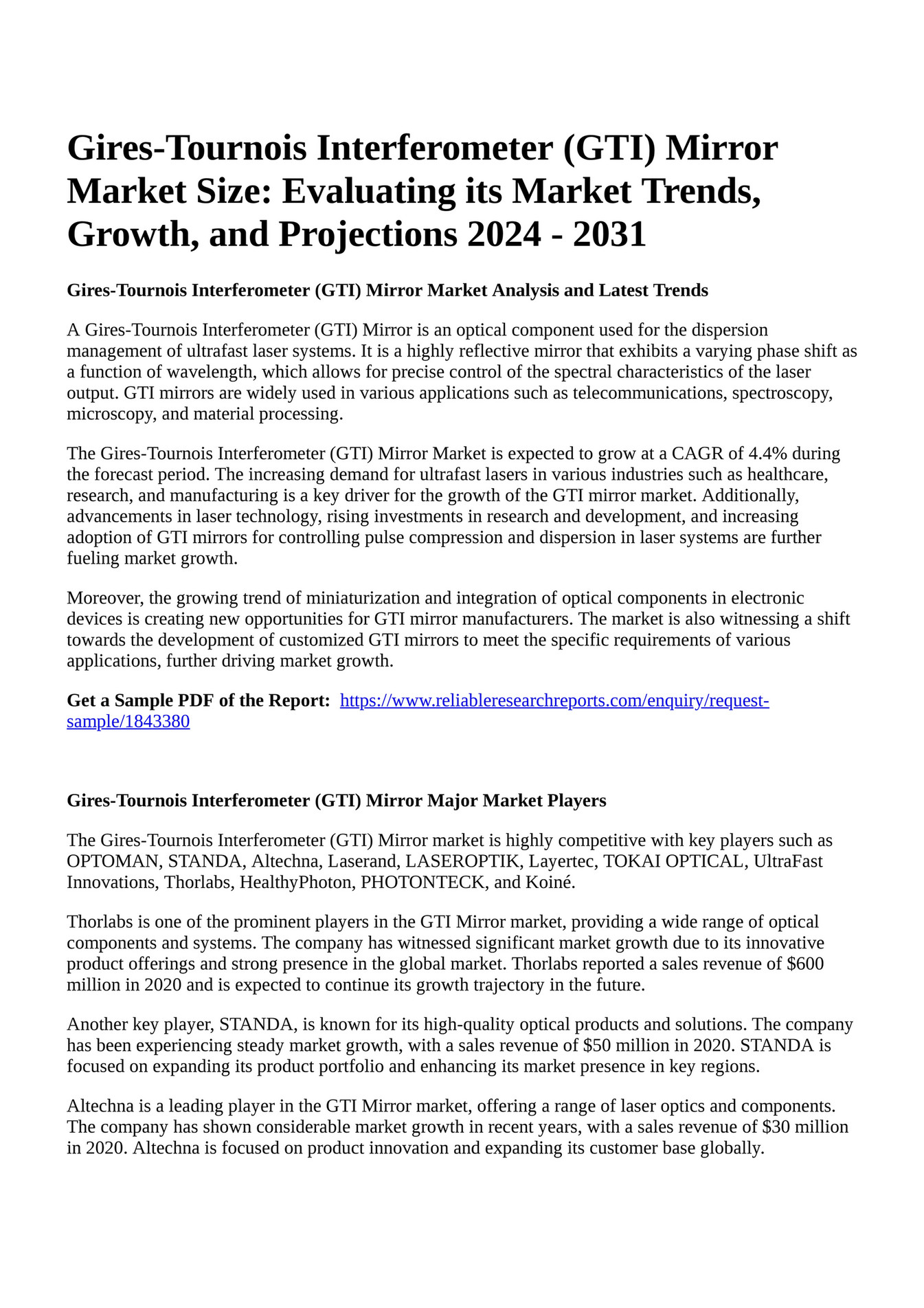Reportprime GiresTournois Interferometer (GTI) Mirror Market Size