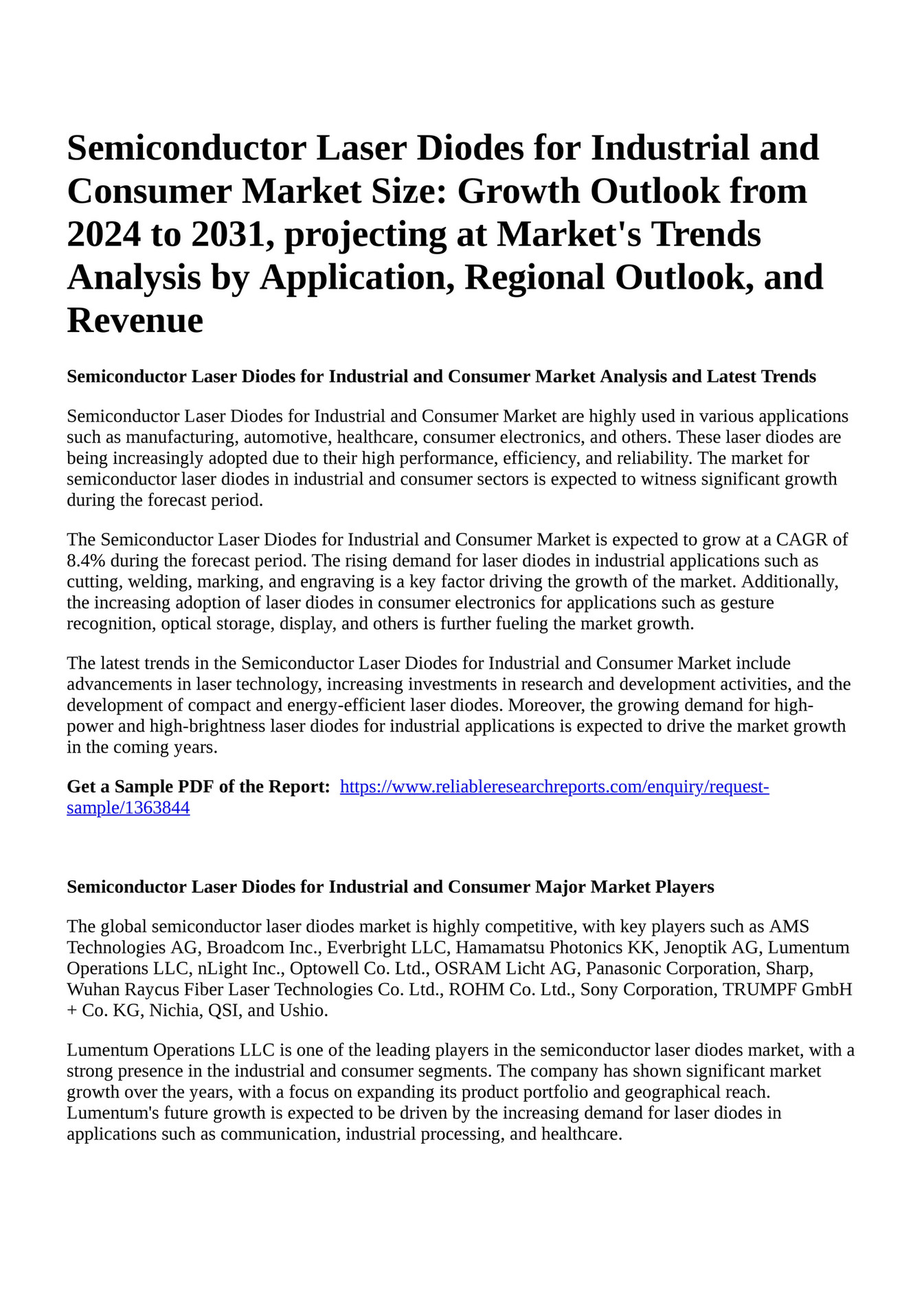 Reportprime Semiconductor Laser Diodes for Industrial and Consumer