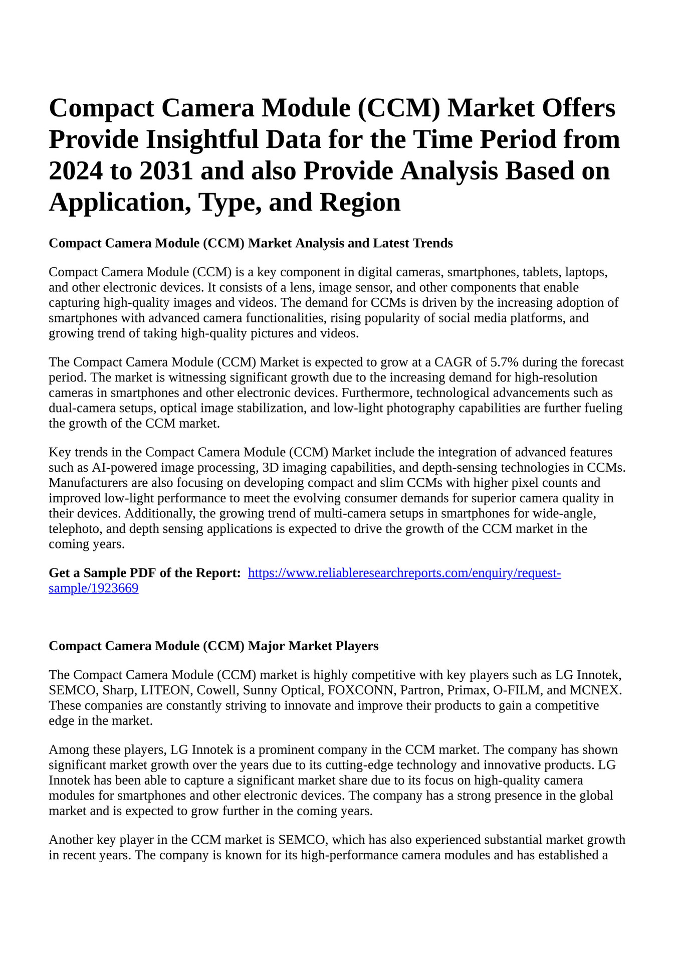 Reportprime - Compact Camera Module (CCM) Market Offers Provide ...