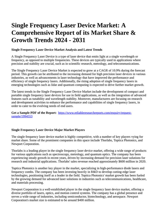 Reportprime - Single Frequency Laser Device Market: A Comprehensive ...