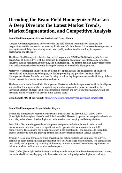 Reportprime - Decoding the Beam Field Homogenizer Market: A Deep Dive 