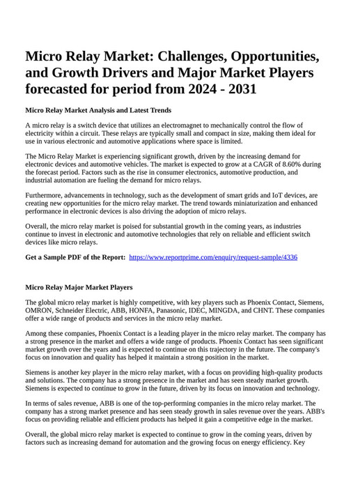 Reportprime Micro Relay Market Challenges, Opportunities, and Growth