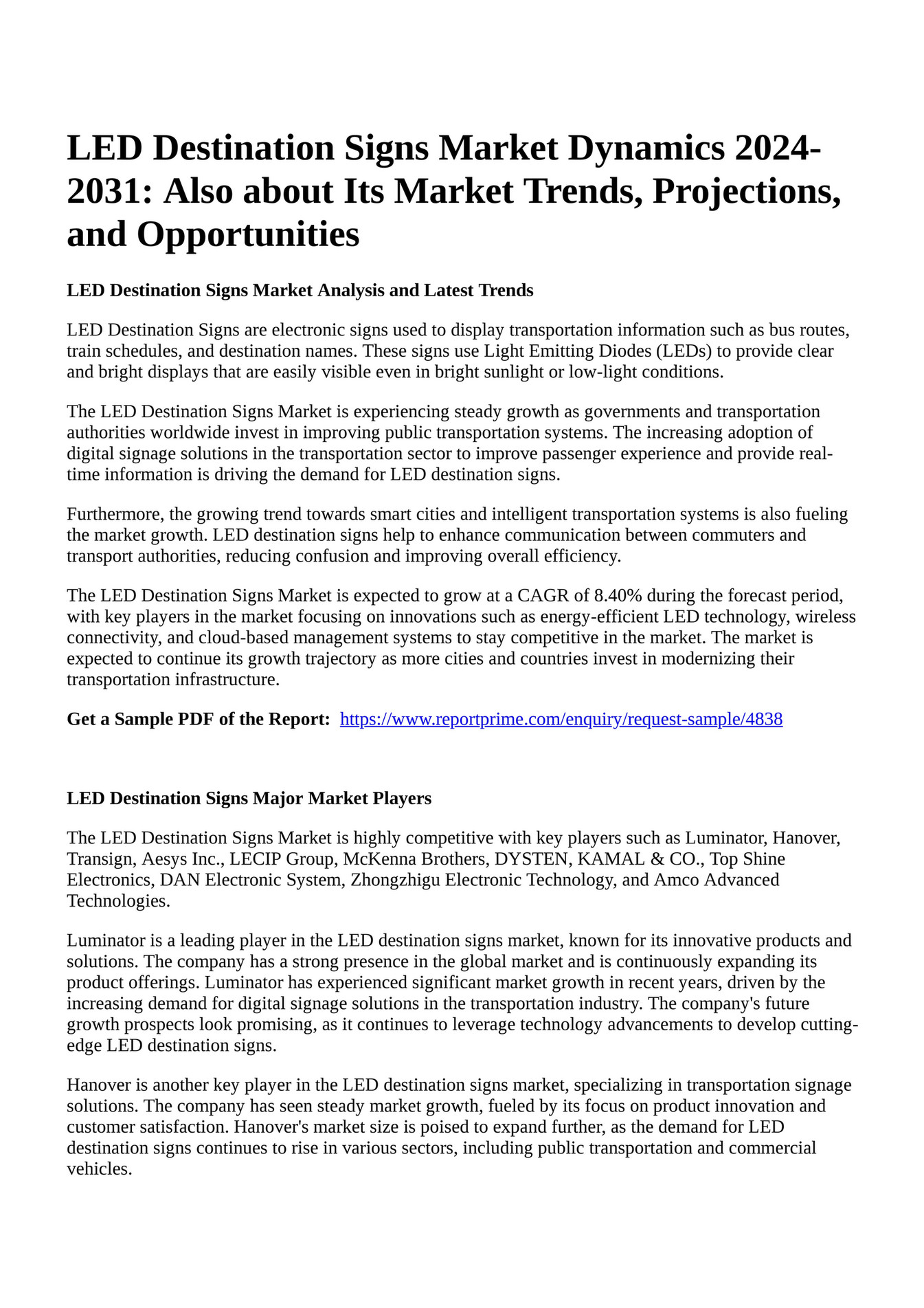Reportprime - LED Destination Signs Market Dynamics 2024-2031: Also ...