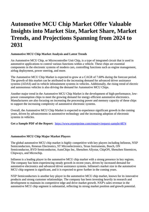 Reportprime Automotive MCU Chip Market Offer Valuable Insights into