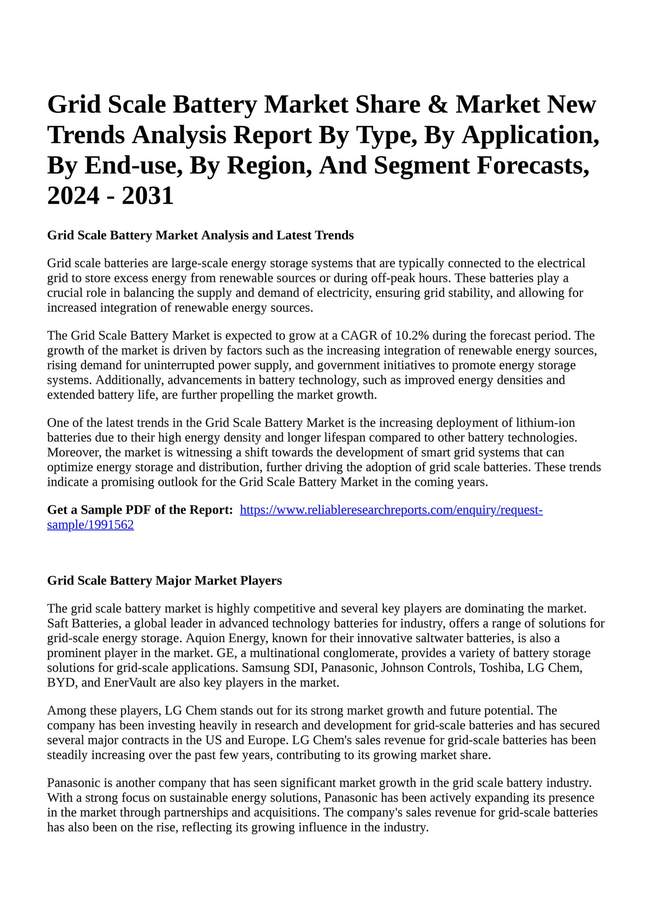 Reportprime - Grid Scale Battery Market Share & Market New Trends ...