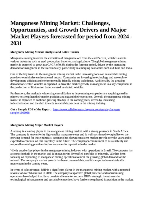 Reportprime Manganese Mining Market Challenges, Opportunities, and
