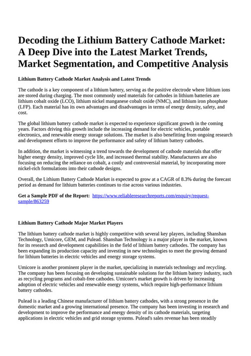 Reportprime - Decoding the Lithium Battery Cathode Market: A Deep Dive 