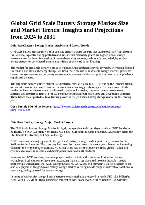 Reportprime Global Grid Scale Battery Storage Market Size and Market