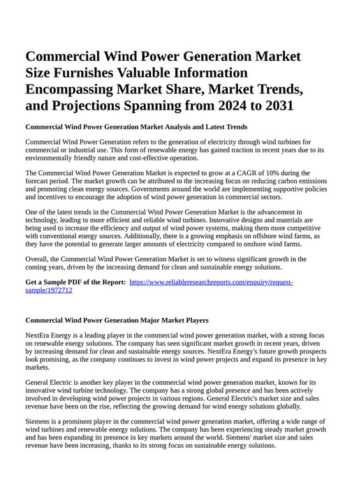 Reportprime Commercial Wind Power Generation Market Size Furnishes Reportprime Commercial Wind Power Generation Market Size Furnishes