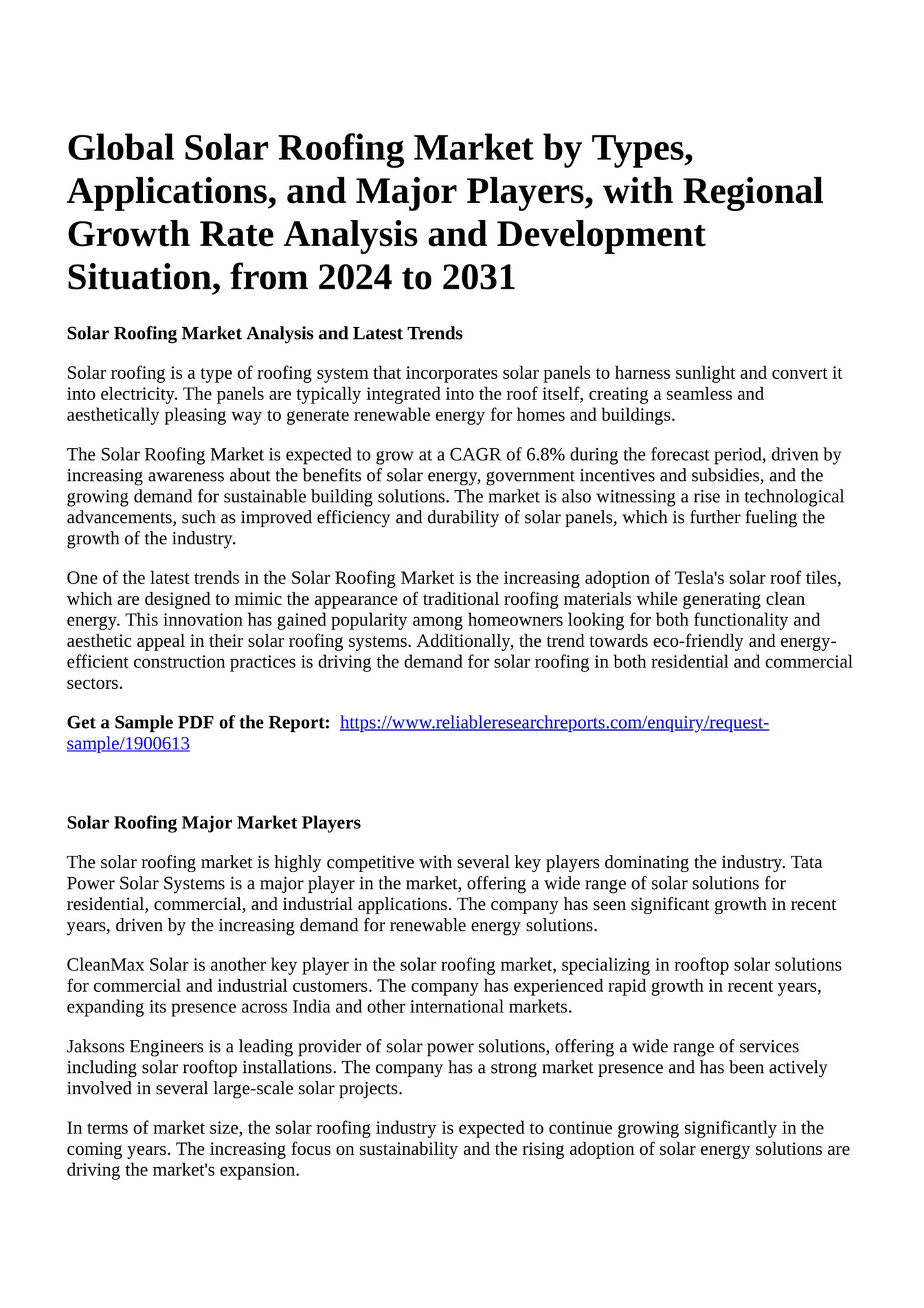 Reportprime Global Solar Roofing Market by Types, Applications, and Major Players, with