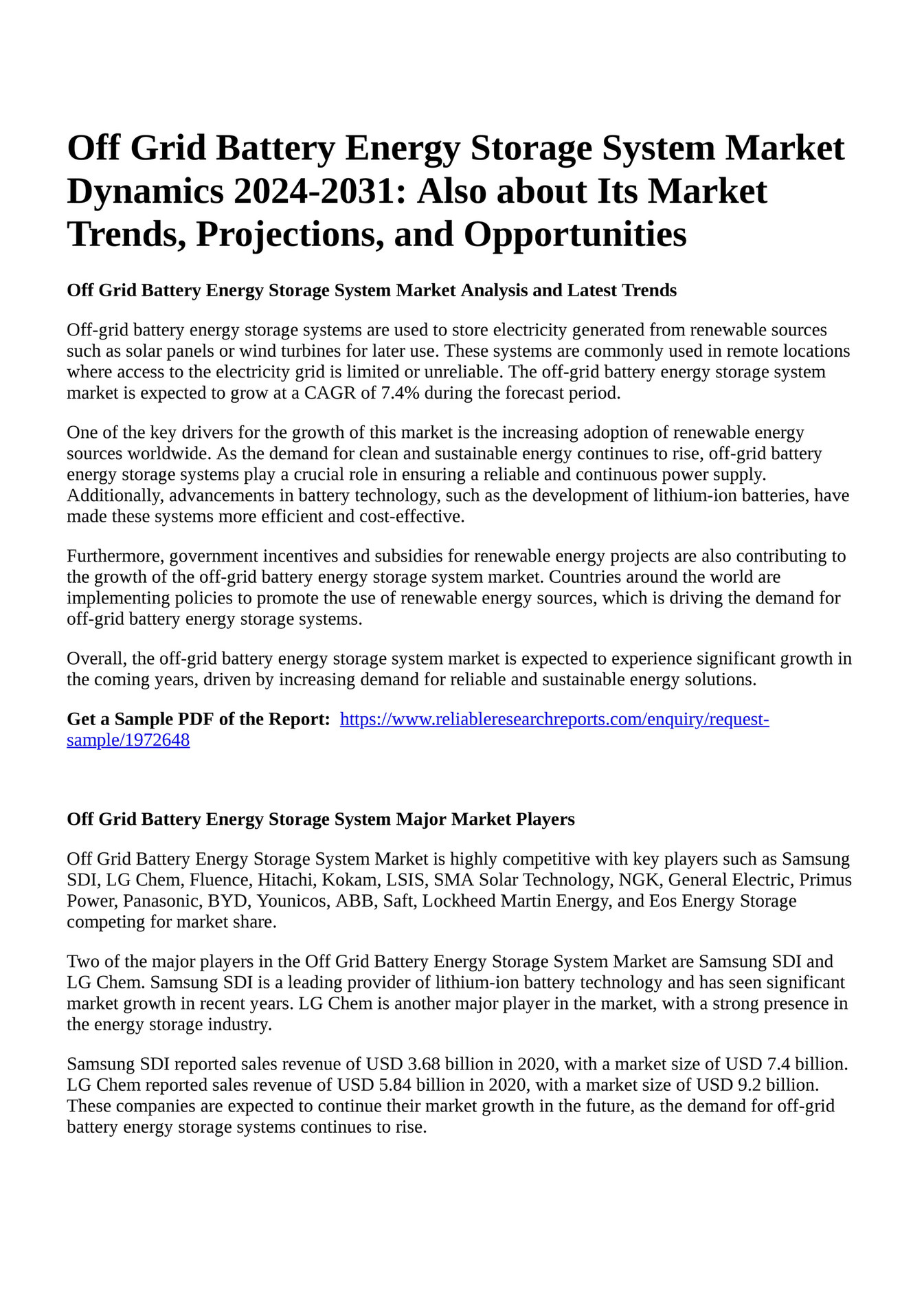 Reportprime Off Grid Battery Energy Storage System Market Dynamics 20242031 Also about Its