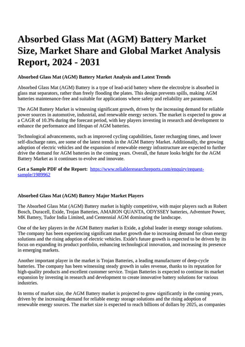 Reportprime Absorbed Glass Mat (AGM) Battery Market Size, Market