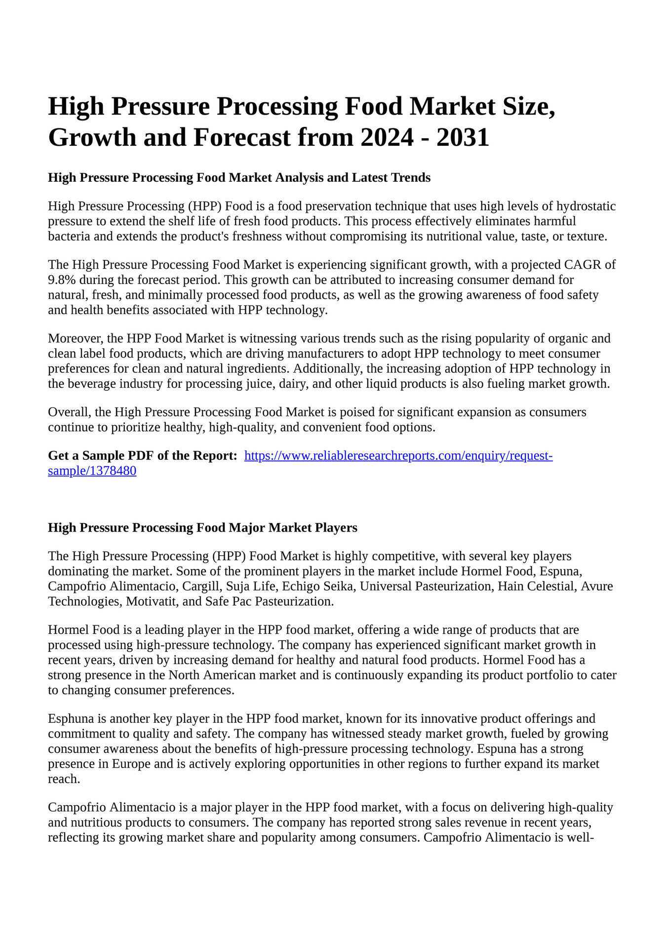 Reportprime High Pressure Processing Food Market Size Growth And Forecast From