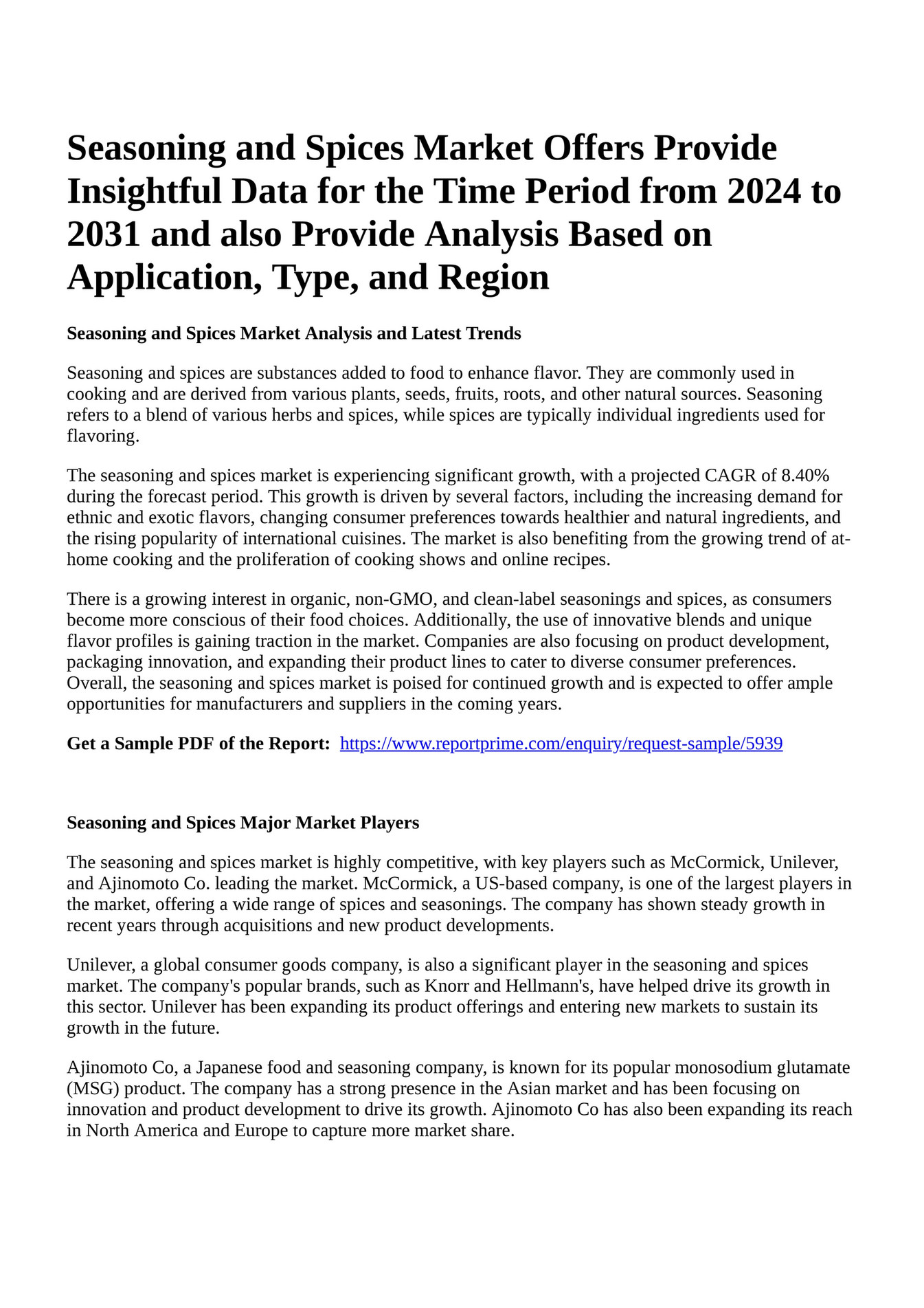 Reportprime Seasoning and Spices Market Offers Provide Insightful