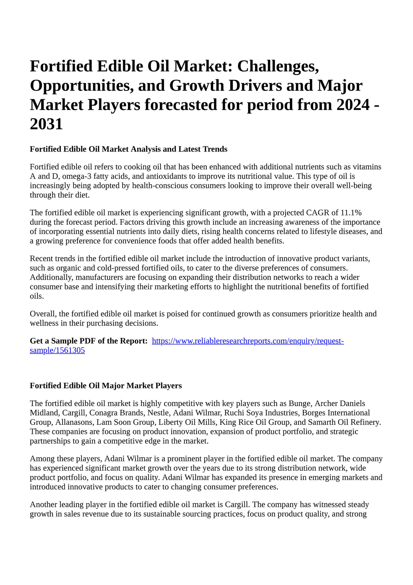 Reportprime Fortified Edible Oil Market Challenges, Opportunities