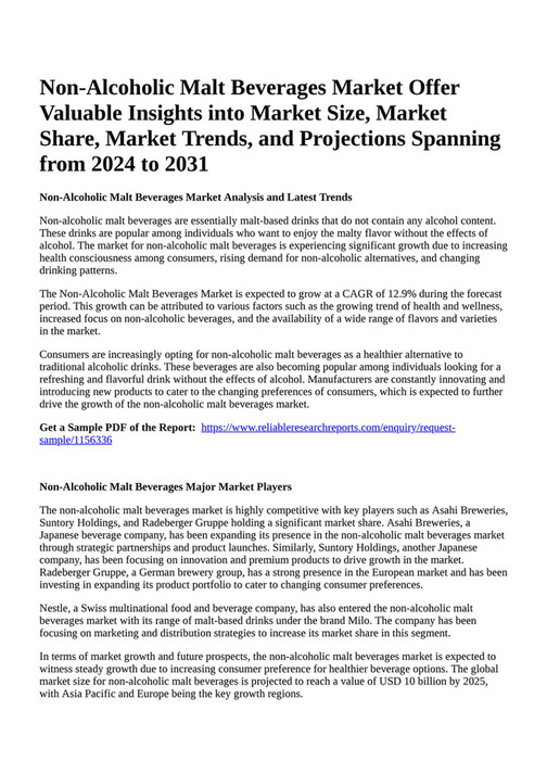 Reportprime NonAlcoholic Malt Beverages Market Offer Valuable