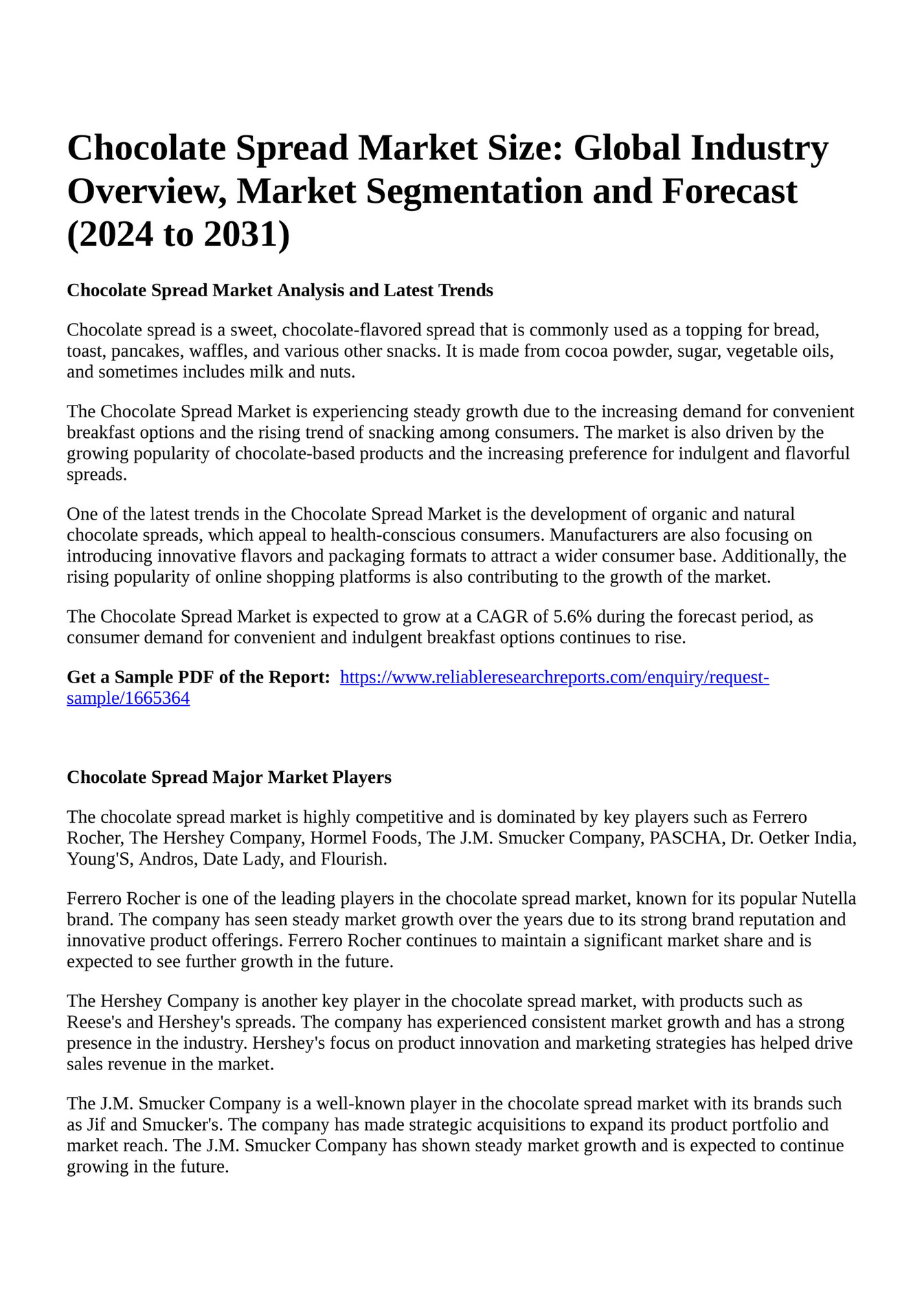 Reportprime Chocolate Spread Market Size Global Industry Overview