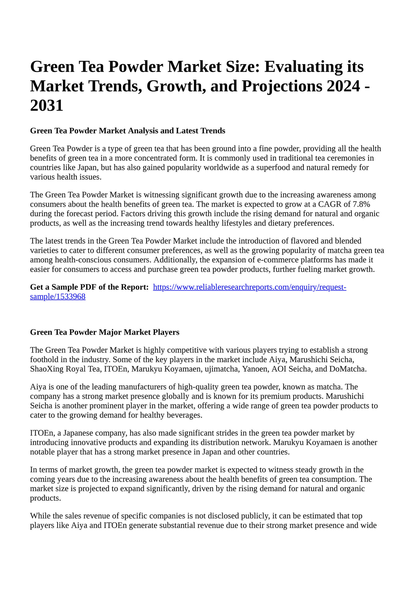 Reportprime Green Tea Powder Market Size Evaluating its Market