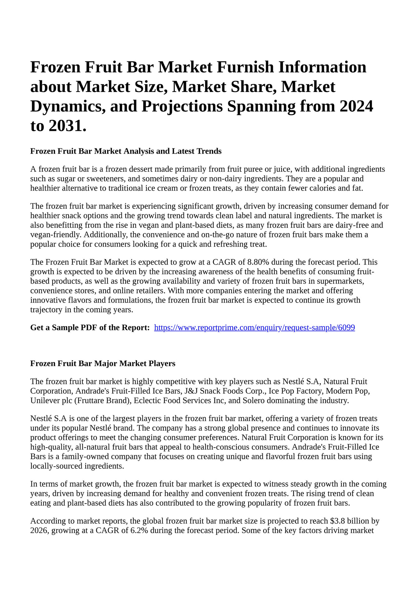 Reportprime Frozen Fruit Bar Market Furnish Information about Market