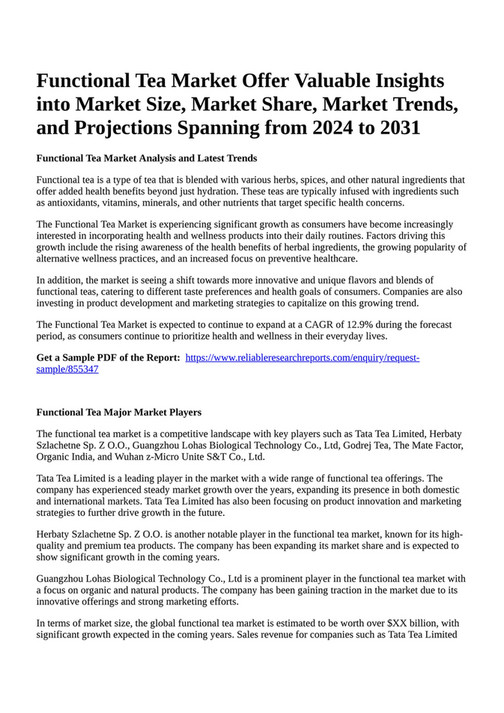 Reportprime Functional Tea Market Offer Valuable Insights into Market