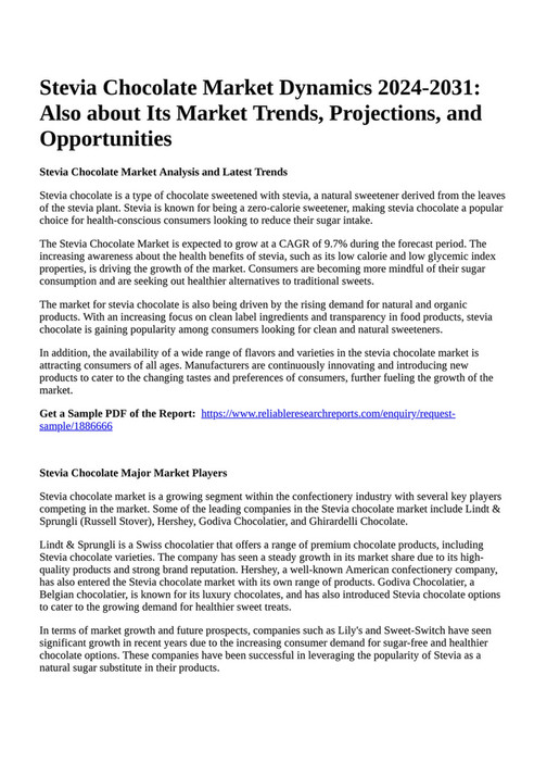 Reportprime Stevia Chocolate Market Dynamics 20242031 Also about