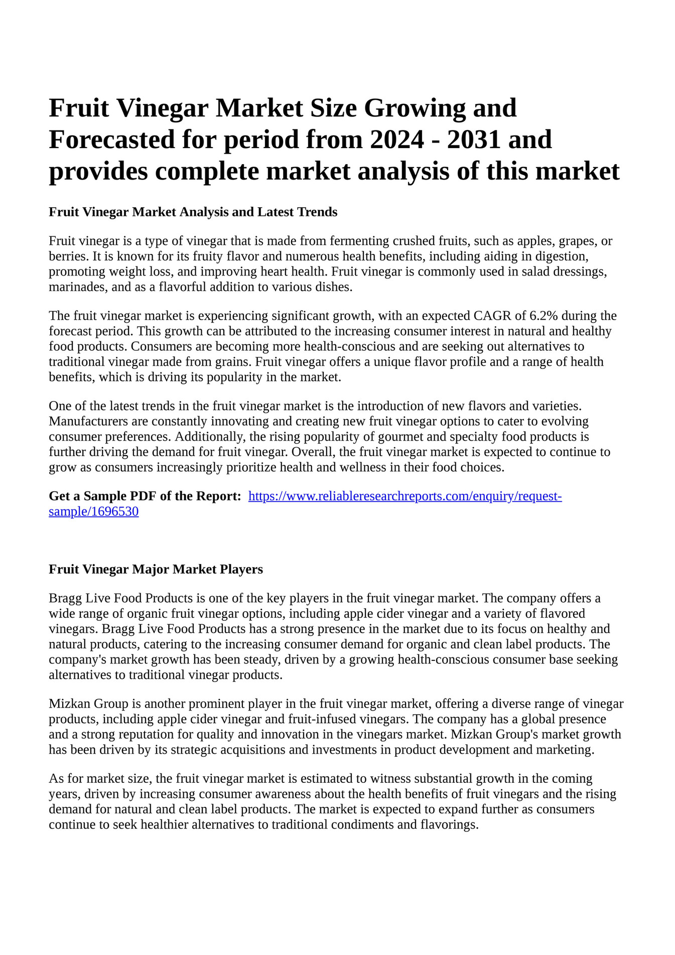 Reportprime Fruit Vinegar Market Size Growing and Forecasted for