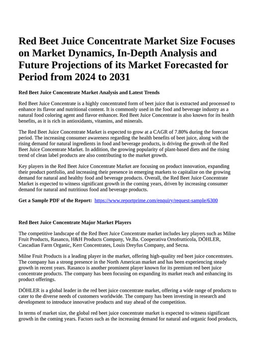 Reportprime Red Beet Juice Concentrate Market Size Focuses on Market