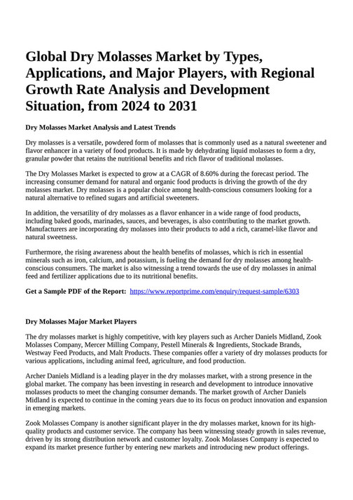 Reportprime Global Dry Molasses Market by Types, Applications, and