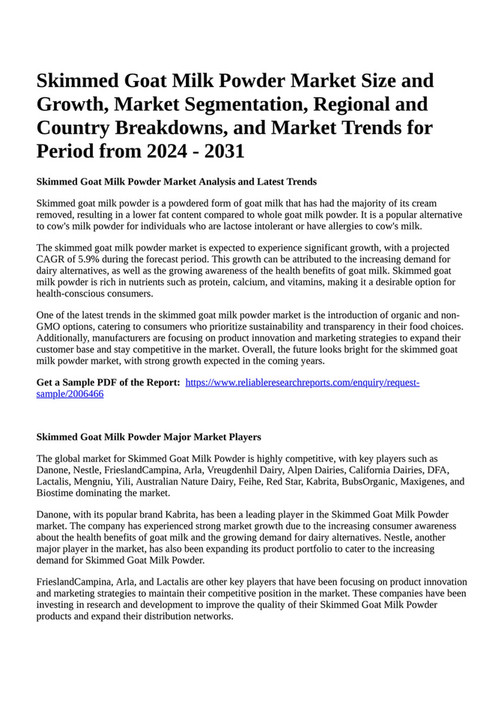 Reportprime Skimmed Goat Milk Powder Market Size and Growth, Market