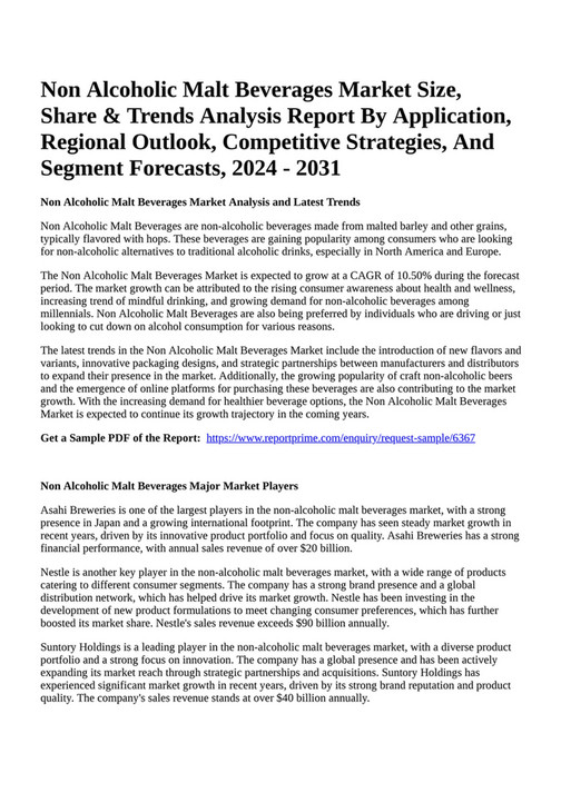 Reportprime Non Alcoholic Malt Beverages Market Size, Share & Trends