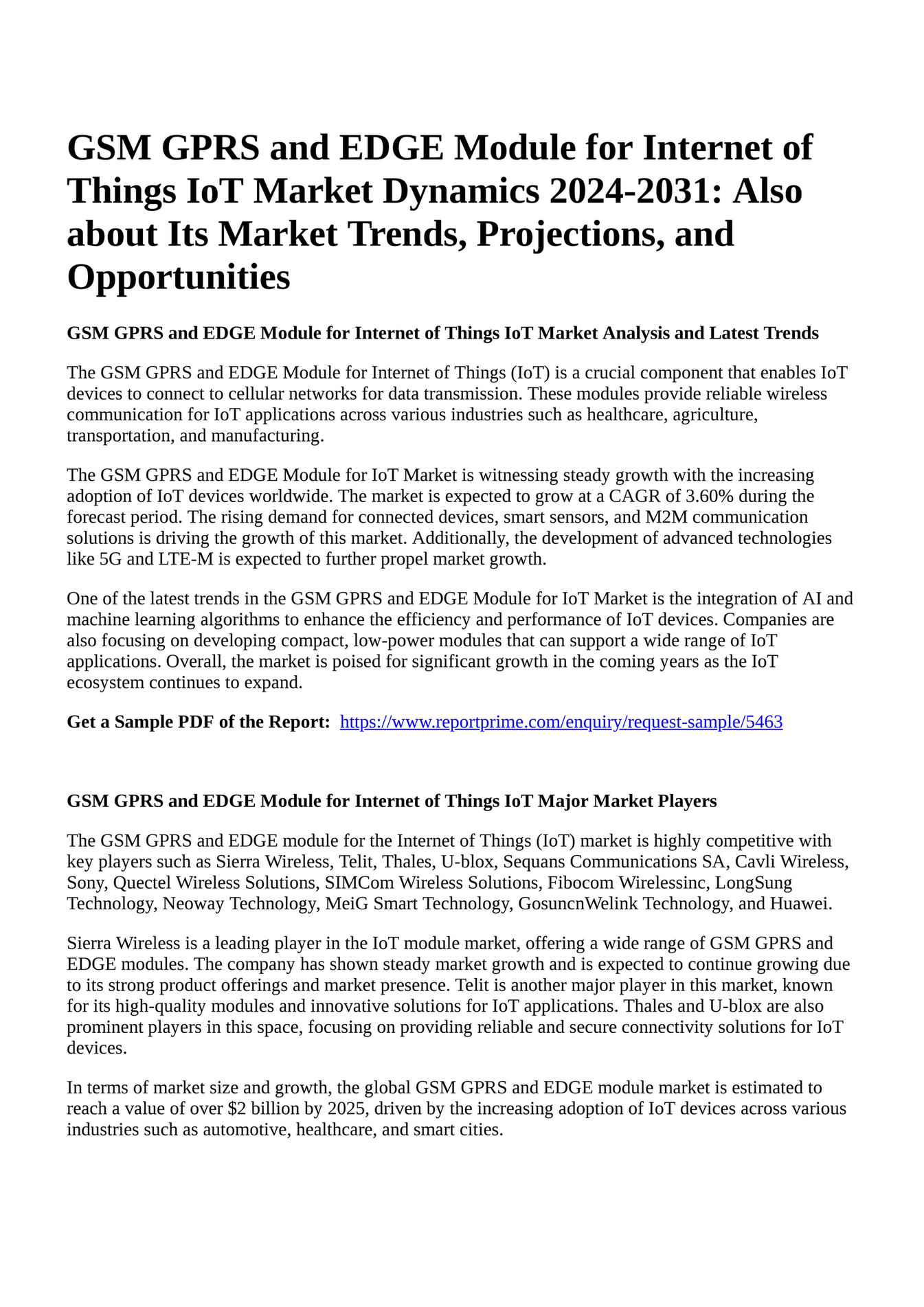 Reportprime Gsm Gprs And Edge Module For Internet Of Things Iot Market Dynamics