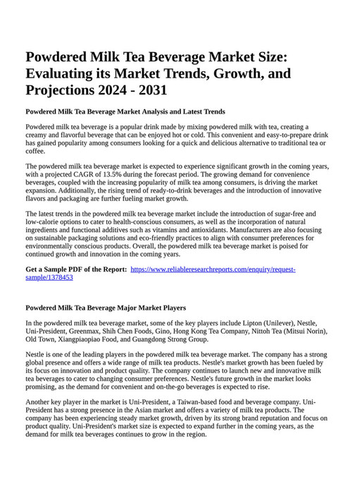 Reportprime Powdered Milk Tea Beverage Market Size Evaluating its