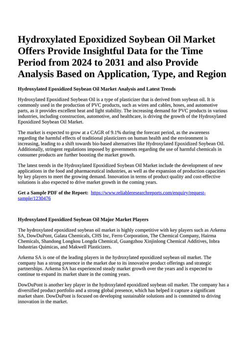 Reportprime Hydroxylated Epoxidized Soybean Oil Market Offers Provide