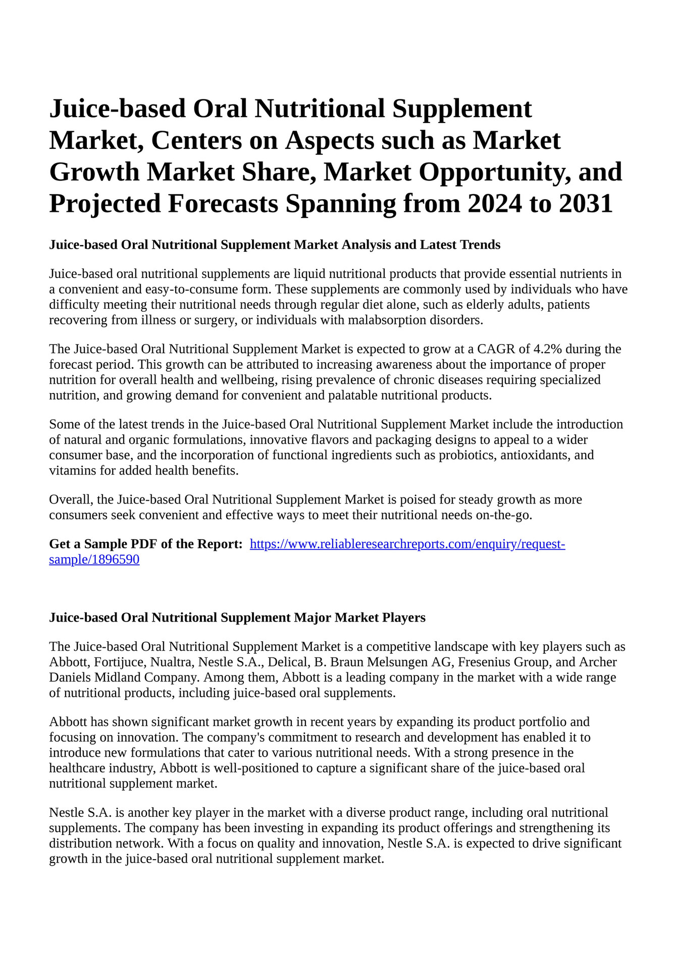 Reportprime Juicebased Oral Nutritional Supplement Market, Centers