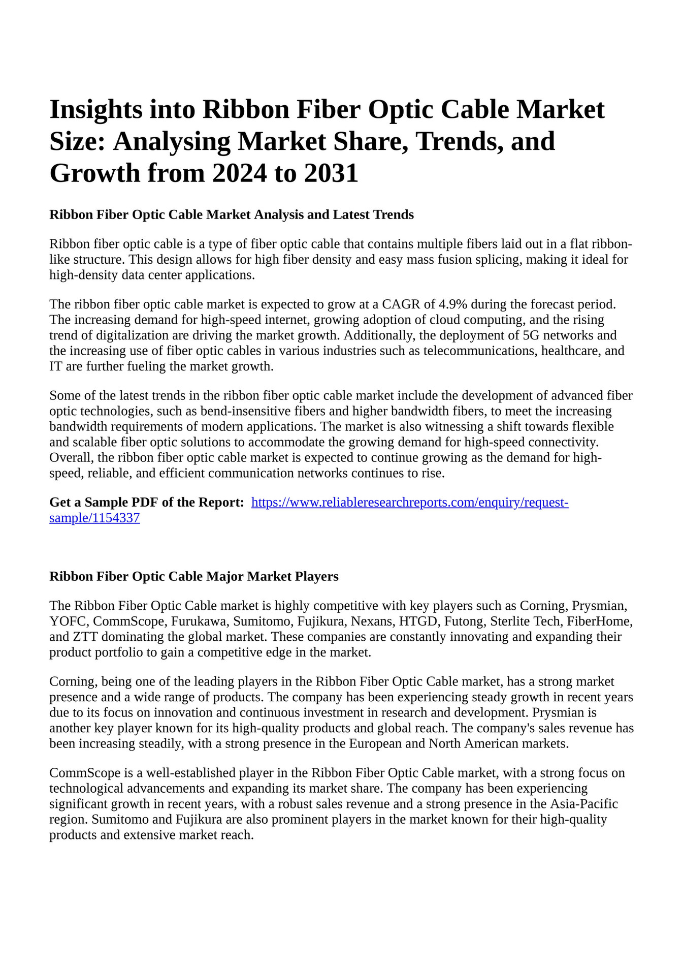 Reportprime Insights into Ribbon Fiber Optic Cable Market Size