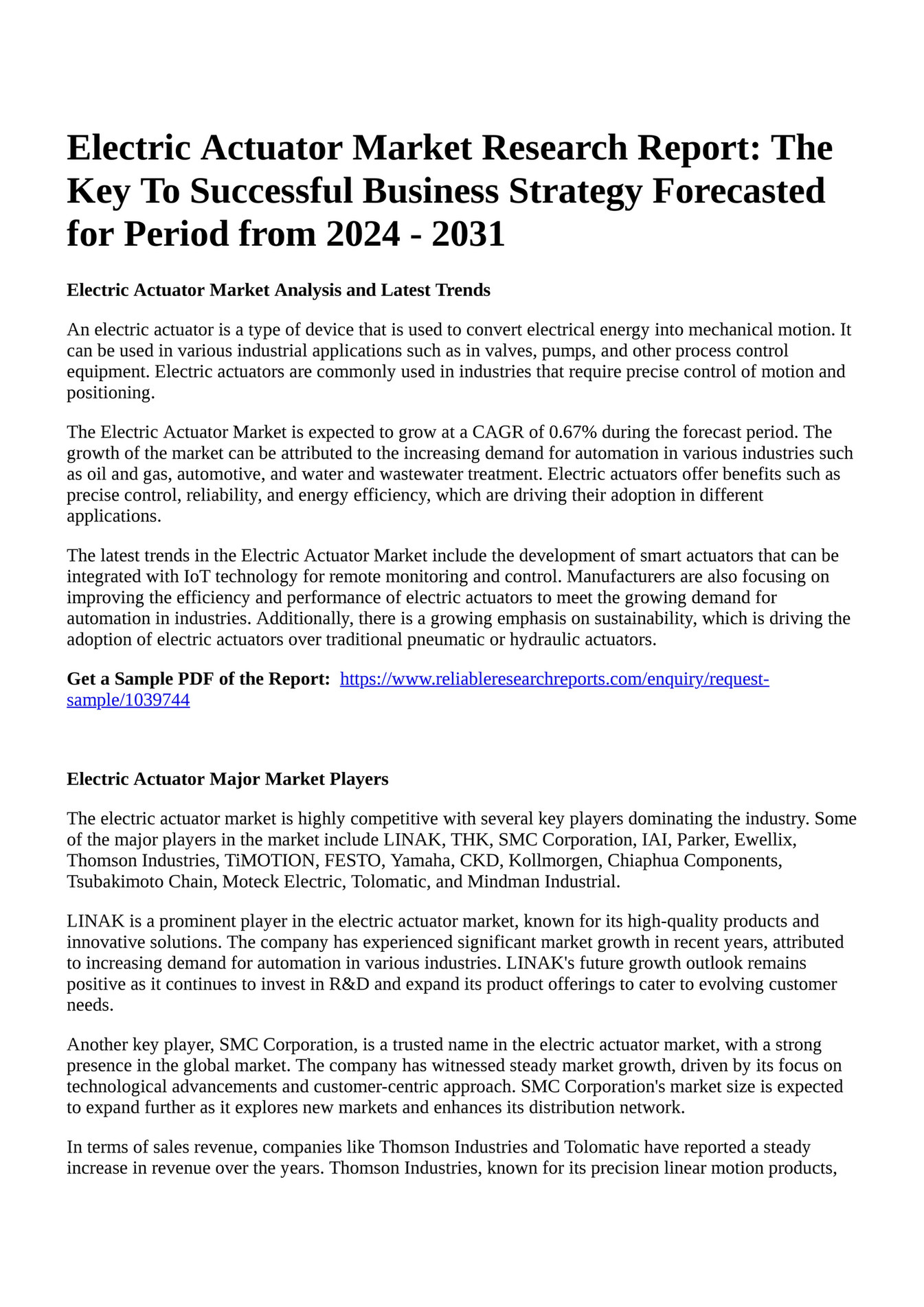 Reportprime Electric Actuator Market Research Report The Key To