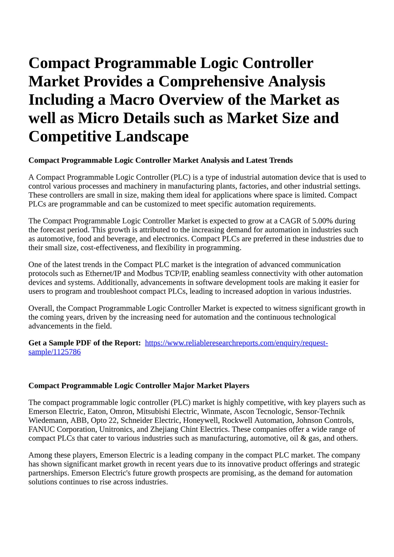 Reportprime Compact Programmable Logic Controller Market Provides a